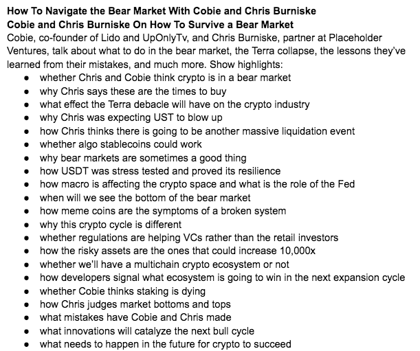 Unchained_pod's tweet photo. Just finished writing show notes for next Tuesday's @Unchained_pod featuring a conversation between @cobie and @cburniske on ~surviving~ the bear market.
For crypto investors old and new, it's 90 minutes of pure gold. I cannot wait for you to hear it.
sneak preview: https://t.co/uPiXAkWSTq