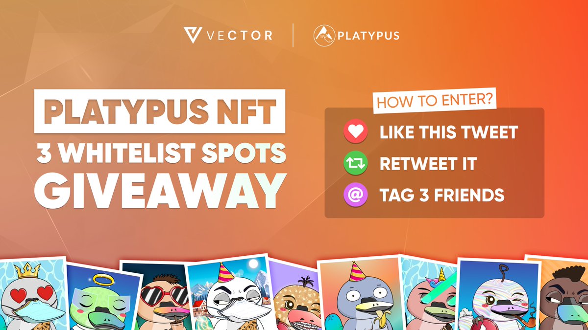vector_fi's tweet photo. We’re giving away three spots to the @Platypusdefi  NFT mint! To enter: 

1. Like this tweet ❤️ 
2. Retweet this tweet ♻️ 
3. Tag three friends that may be interested 🗣️ 

The giveaway ends on May 23 and winners will be DMed over Twitter! https://t.co/MT6DiNEFk6