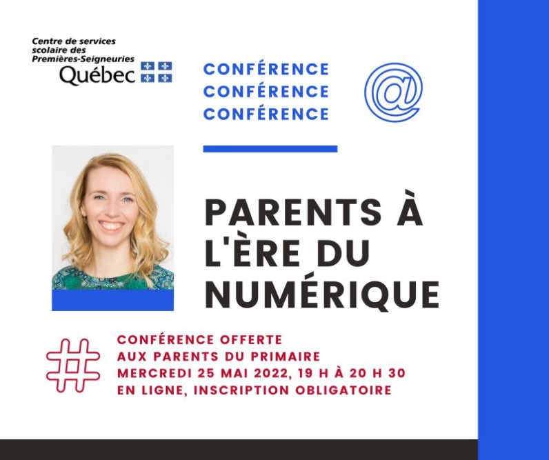 JessyRoody's tweet photo. Le #cssdps invite les parents du primaire à une conférence gratuite avec @StephanieDionne. Au menu : Pratiques pédagogiques numériques et encadrement au CSS, établir des règles de vie à la maison, outils pour les parents, et encore plus! 
👉🏻 Inscription: https://t.co/QDSVGS2KSe https://t.co/x1yqZ5S0TV