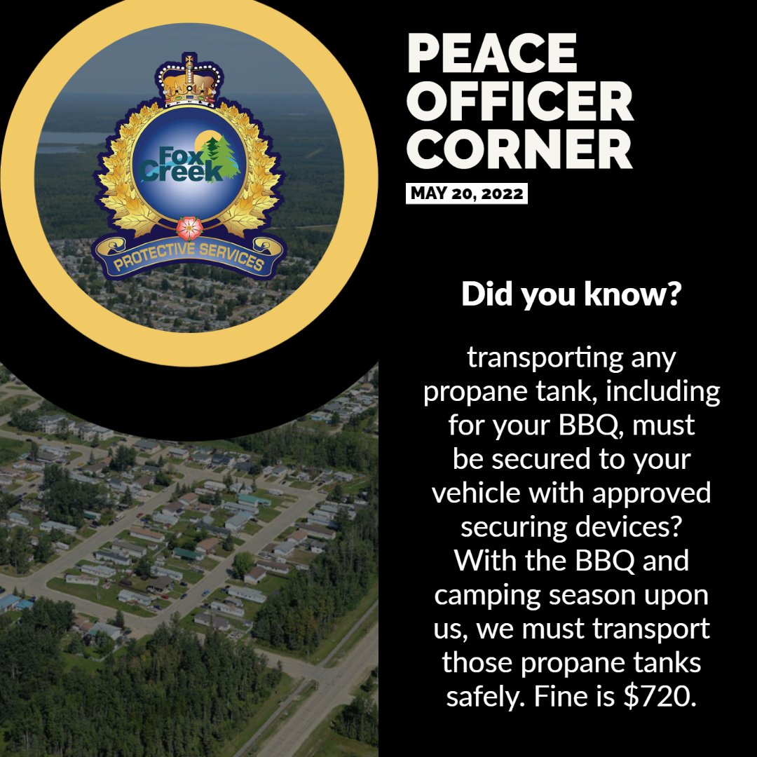 Peace Officer Corner

Are you properly securing your propane tanks when transporting them?

#foxcreek #peaceofficercorner #communitymatters