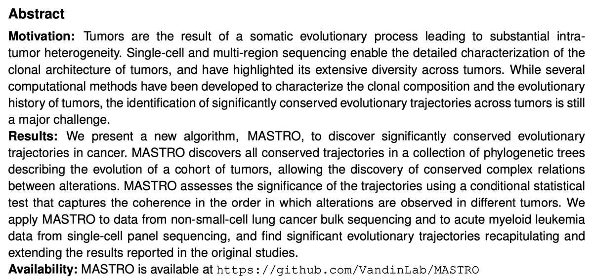 leogrina's tweet photo. I am very happy to present MASTRO, our new algorithm to discover frequent and significant conserved evolutionary trajectories of genomic alterations from a cohort of cancer patients. Joint w. with @vandinfa 1/8 🧵⬇️ https://t.co/B0eDZ38efj