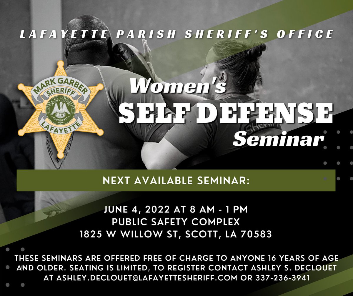 LPSO is offering a free women’s self-defense seminar!

Participants will learn about the strengths &amp; advantages they possess as females, as well as gain the necessary skills to use them properly.

*Participants under the age of 18 are required to have an adult chaperone*