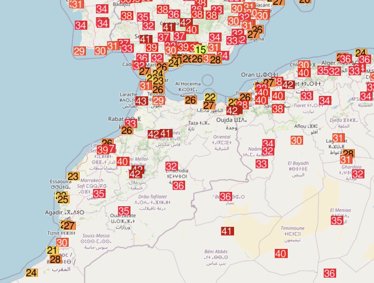 Record mensuel national de chaleur au #Maroc ce vendredi avec jusqu'à 45.7°C à Sidi Slimane (ancien record 45.6°C à Agadir en 2015). 