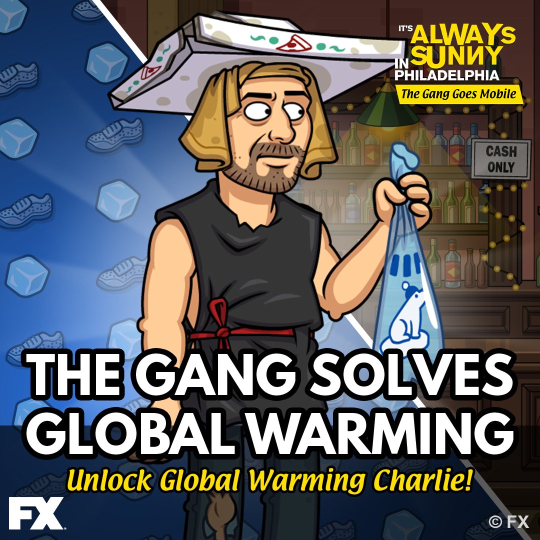 AlwaysSunnyGame's tweet image. As a record-breaking heat wave overtakes Philly, the Gang tries to make a quick buck! Jump into this 4-day event and unlock Global Warming Charlie! 🌎🔥🧊