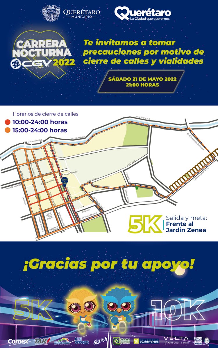 #TomaNota 📌 Anuncian cierres viales en <a href="/qromunicipio/">Municipio de Querétaro</a>  por Carrera Nocturna 2022 de este 21 de mayo

Habrá cierres parciales por la mañana y totales a partir de las 19:00 horas en el centro histórico de la capital.
👉 bit.ly/3LMo5p7