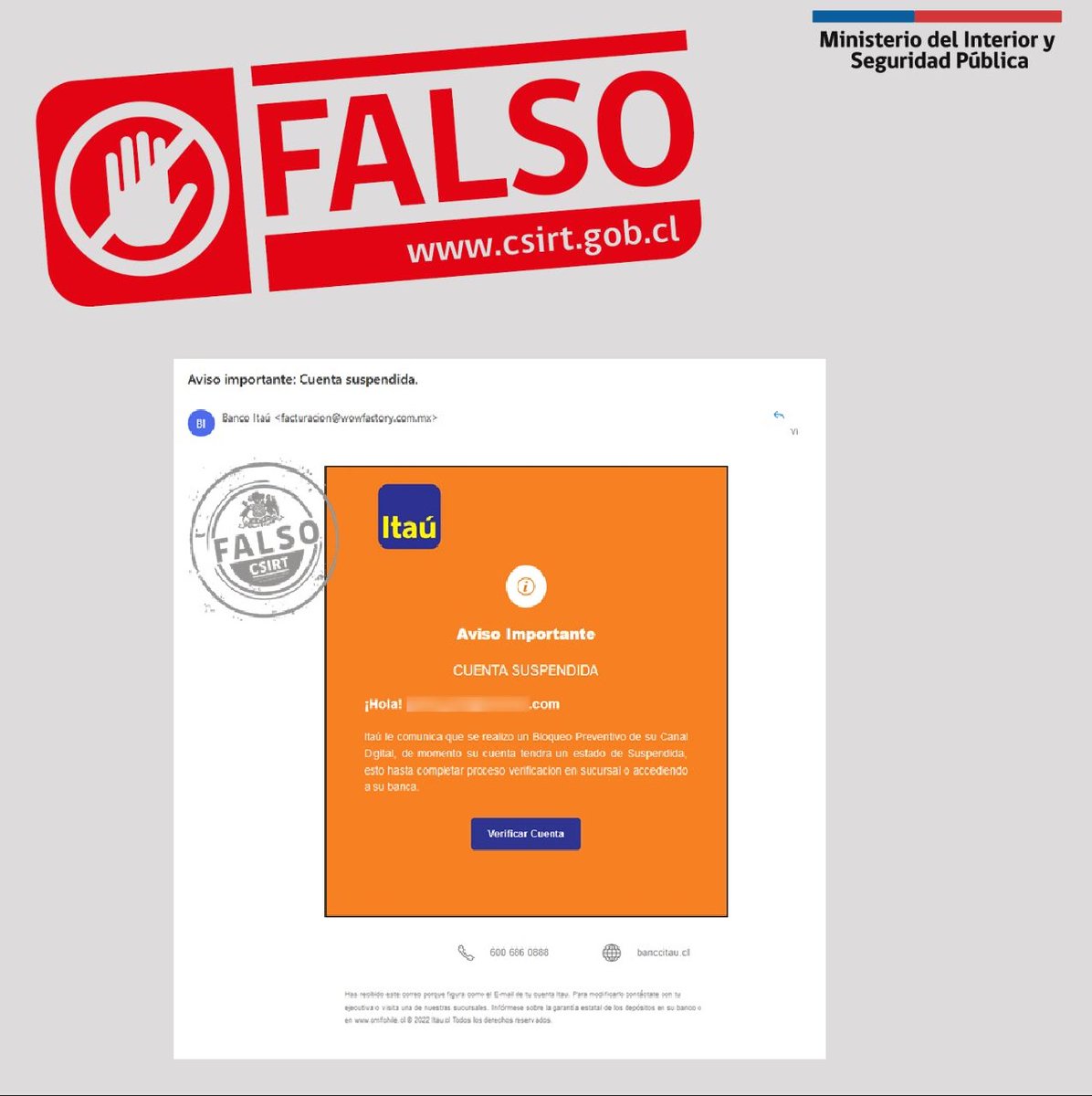 #CSIRTGob advierte #phishing que suplanta a <a href="/itauchile/">Itaú Chile</a>. Más información aquí: csirt.gob.cl/alertas/8fph22…
Para más alertas y vulnerabilidades ingresa a csirt.gob.cl
#ciberseguridad