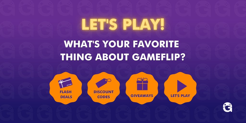 Hey Flippers! LET' S PLAY!

This one is exclusive for our Twitter followers 😉

How to participate?

1- Share your favorite thing about Gameflip + Profile Code in the comments
2- Share the post and mention <a href="/Gameflip/">Gameflip</a> 
3- Like this post

You can be ONE of the 5 users to get $15!