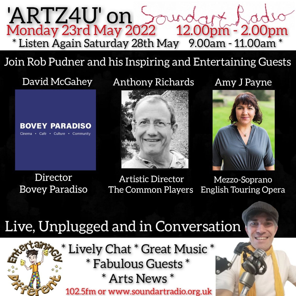EntertaininglyD's tweet photo. 📻 Looking ahead to Monday's @EntertaininglyD edition of ARTZ4U @SoundartRadio Rob Pudner will be chatting to David McGahey @BoveyParadiso, Anthony Richards @CommonPlayers22 &amp; @AmyJPayne @ETOpera
🎧 Tune in from 12.00pm by clickinghttp://icecast.commedia.org.uk:8000/soundart.mp3 https://t.co/NSOpjTj5Oq