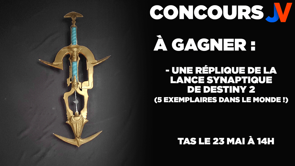 🔥🎁 CONCOURS DESTINY 2 - LANCE SYNAPTIQUE 🎁🔥

Avec <a href="/Bungie_FR/">Bungie FR</a>, on vous fait gagner une réplique de la Lance Synaptique de <a href="/DestinyGameFR/">Destiny 2</a> ! Seulement 5 exemplaires dans le monde !

🎁 RT+Follow <a href="/JVCom/">JV - Jeux vidéo</a> 🎁

TAS le 23/05 : docs.google.com/document/d/127…