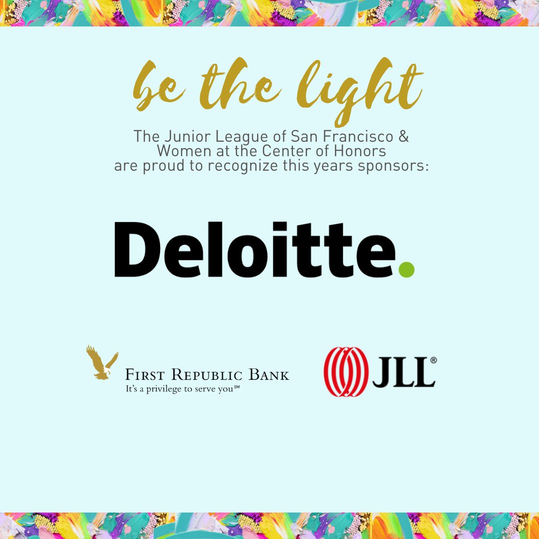JuniorLeagueSF's tweet photo. The countdown for 'Be the Light' is on...!

The Junior League of SF and WATCH are grateful for the generosity of our 2022 sponsors: Deloitte, JLL and First Republic.

Thank you for supporting #JLSF! We are incredibly appreciative and looking forward to celebrating tonight! https://t.co/NsNYeQrgJX