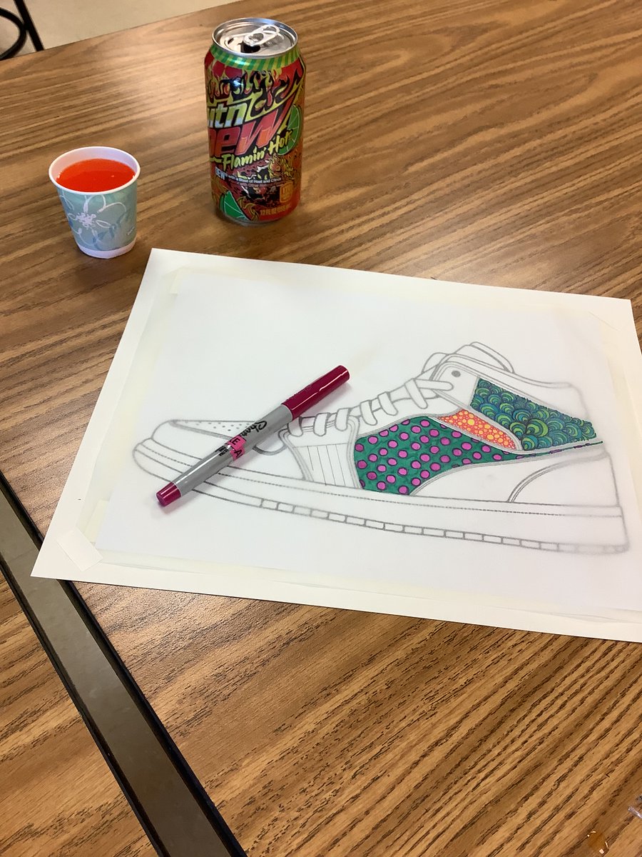 Advanced 7th grade art is learning about popular art known as Pop Art. Today <a href="/OPS_RMMARRS/">Marrs Middle School</a> students worked on designing their shoes and sampling the latest  Mountain Dew.
