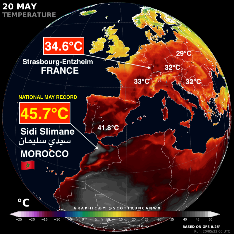We just observed Morocco's 🇲🇦 hottest day in May in reliable recorded history: 45.7°C (114°F). Extremely hot widely across Europe with many notable station records in several countries.