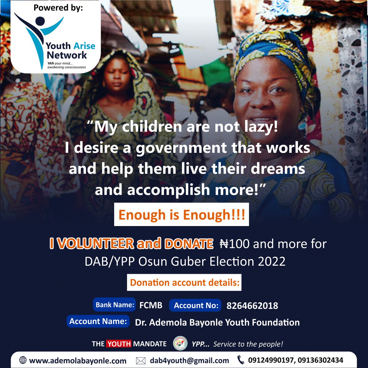 Dab4Youth's tweet photo. My children are not lazy!
I desire a government that works and helps them live their dreams and accomplish more!
Enough is enough.
#SaveOsun
#DAB4ABetterOsun
#OdoLokan
@d_LegalEagle @adamugarba @InsideOsogbo https://t.co/43bq9QibbL