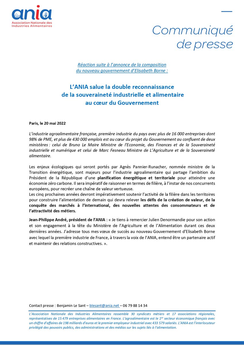 ANIA_FRANCE's tweet photo. 🔴[CP] Réaction suite à l’annonce de la composition 
du #nouveaugouvernement d’@Elisabeth_Borne :

L’ANIA salue la double reconnaissance
de la #souverainetéindustrielle et #alimentaire 
au cœur du @gouvernementFR.

#souveraietéalimentaire @J_Denormandie  @MFesneau @AgnesRunacher https://t.co/HZaDF54Kcq