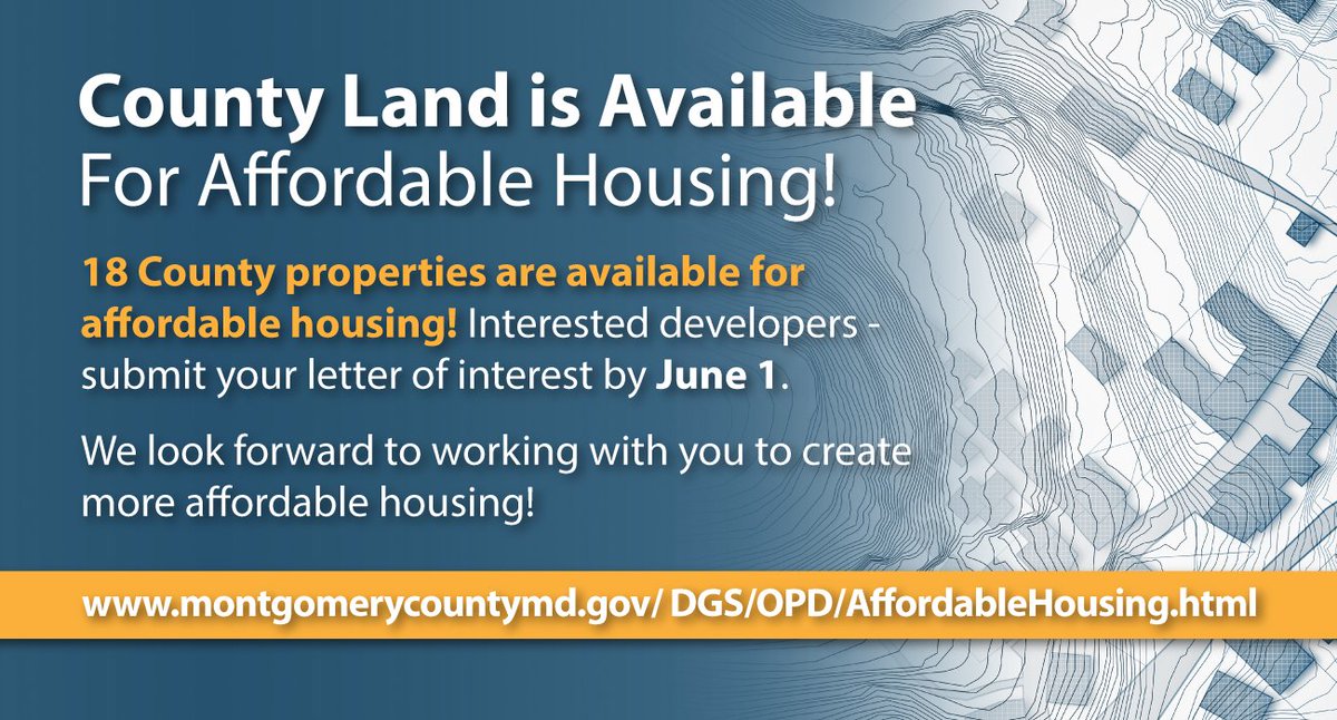 MoCoOES's tweet photo. Attention Developers! There are 18 @MontgomeryCoMD  properties available to developers for #AffordableHousing. Letters of interest are due by June 1. Find out more ➡️ https://t.co/1zoWsb2CYu. #MoCoDGS https://t.co/YwhFRuXRaC