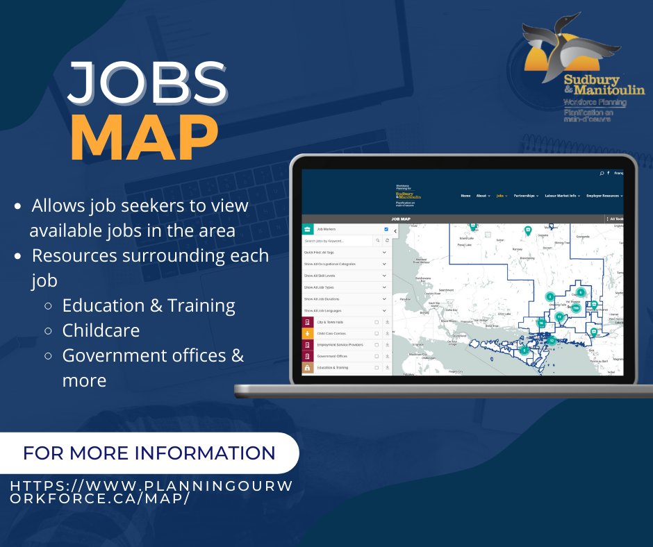 WorkforcePlanSM's tweet image. Take a look at our Jobs Map Tool! It allows you to see exactly where available jobs are as well as the resources surrounding them. #jobseekers #jobs #jobsearch #sudbury #manitoulin 

Click here for more information: planningourworkforce.ca/map/