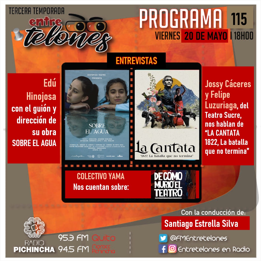 FmEntretelones's tweet photo. Hoy, desde las 18:00, @radio_pichincha nos escuchamos, además sorteamos entradas para @8medio y la obra Sobre el agua. https://t.co/ZgKmFlBIXl