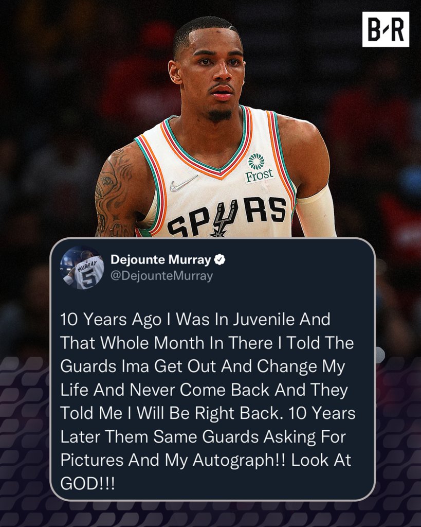 BleacherReport's tweet photo. Dejounte Murray spent time in juvenile detention up until his sophomore year of high school.

This year, he was named an NBA All-Star 🙏 https://t.co/LkE4ILi9zm