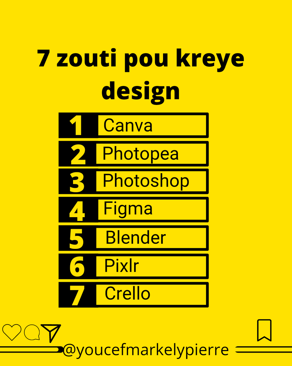 youcefmarkelyp's tweet photo. 7 zouti pou kreye bèl design sou telefòn oubyen òdinaté w.  Si w konnen lòt pataje avè m nan yon kòmantè.

1-Canva
2-Photoshop
3-Photopea
4-Figma
5-Blender
6-Pixlr
7-Crello
#canva #photoshop #photopea #pixlr
#figma #figmadesign #blender #blendercommunity #crello #designtools https://t.co/EJXfLJ8E18