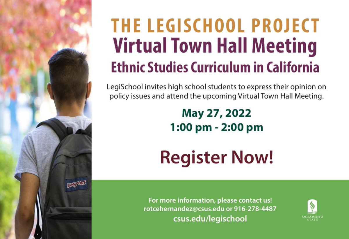 Coming up next week is our Virtual Town Hall on Ethnic Studies Curriculum in California! Join us on May 27th from 1-2pm as we discuss how these new policies can change high school classrooms and beyond. 

Register now: csus.zoom.us/webinar/regist…