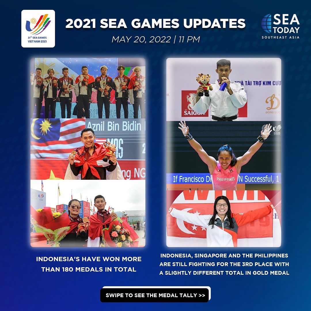 seatodaynews's tweet photo. #SEAUpdates: Medals from each country at the 2021 SEA Games in Hanoi, Vietnam as of May 20, 2022.
Indonesia, Singapore and the Philippines are still competing for the 3rd position with gold medals slightly differ from one another.
#SEAGames2021 https://t.co/oCb6m1yuhA