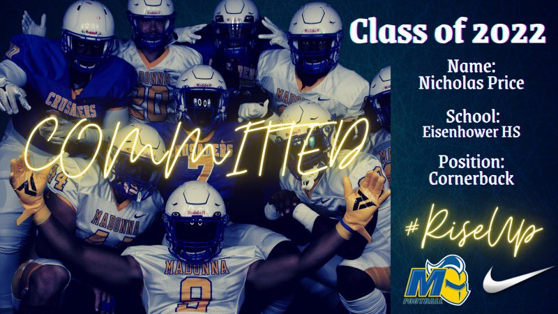_NickPrice_'s tweet photo. I would like to first thank god for blessing me to give me another opportunity to play the game I love. I thank Coach O’Donnell and coach Haygood for an opportunity to continue my academic and collegiate career at Madonna university #Riseup https://t.co/Qt0C9eMMqO