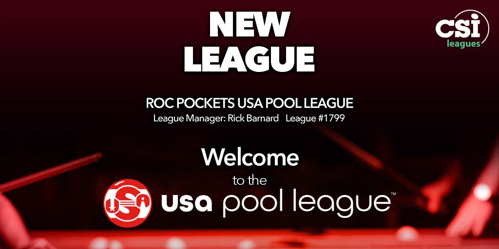 😃 Help us welcome our newest league, 𝗥𝗼𝗰 𝗣𝗼𝗰𝗸𝗲𝘁𝘀 𝗨𝗦𝗔 𝗣𝗼𝗼𝗹 𝗟𝗲𝗮𝗴𝘂𝗲, located in 𝗥𝗼𝗰𝗵𝗲𝘀𝘁𝗲𝗿, 𝗡𝗬. We are sure that League Manager, Rick Barnard, will do a fantastic job!

#poolleague #billiards #playusapool #8ball #usapoolleague #csileagues #usapl