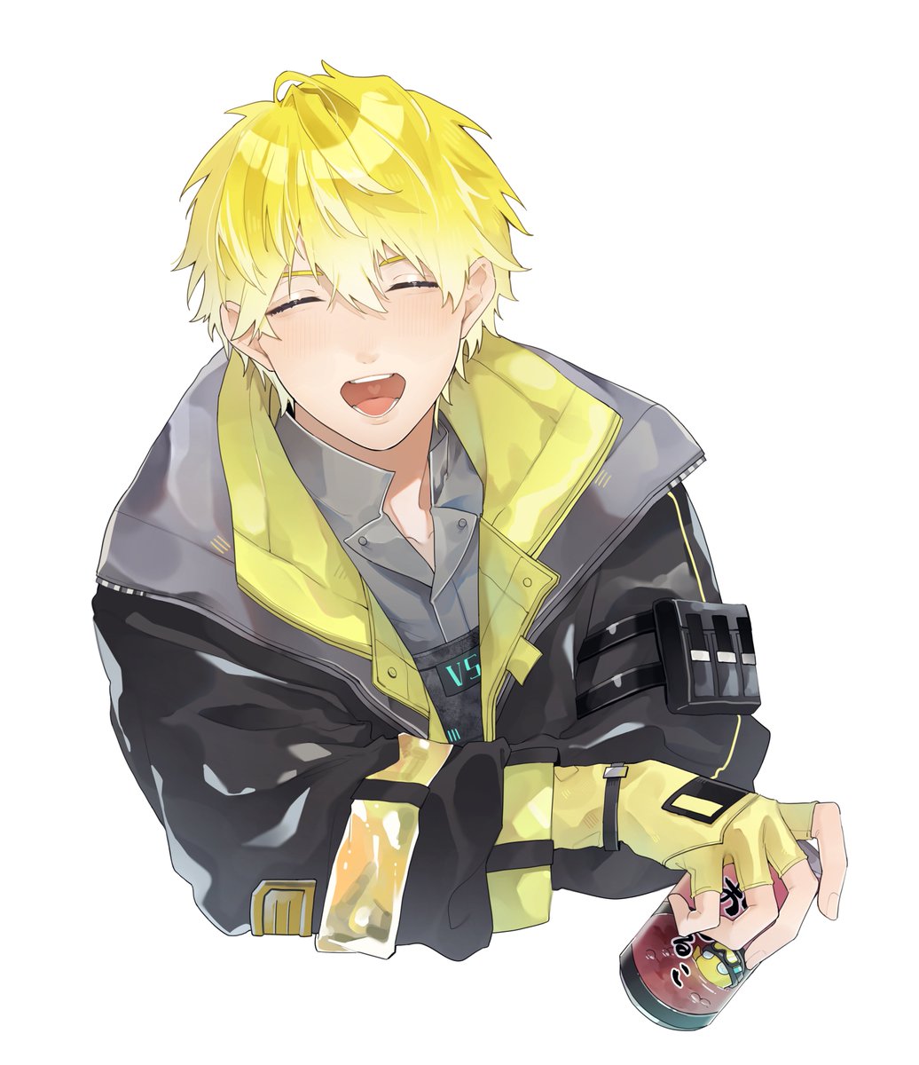 yellow gloves 1boy blonde hair male focus holding can black jacket closed eyes  illustration images