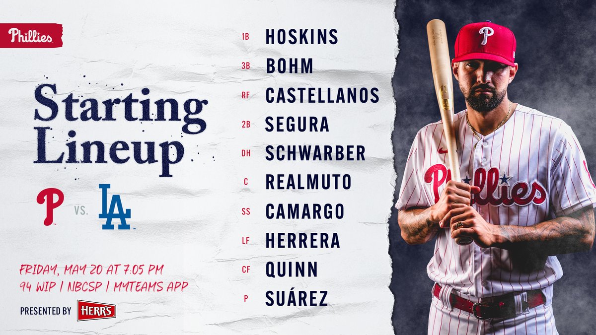 Philadelphia Phillies starting lineup for May 20 vs. Los Angeles Dodgers at 7:05 p.m.

First base: Rhys Hoskins
Third base: Alec Bohm
Right field: Nick Castellanos
Second base: Jean Segura
Designated hitter: Kyle Schwarber
Catcher: J.T. Realmuto
Shortstop: Johan Camargo
Left field: Odúbel Herrera
Center field: Roman Quinn
Pitcher: Ranger Suárez