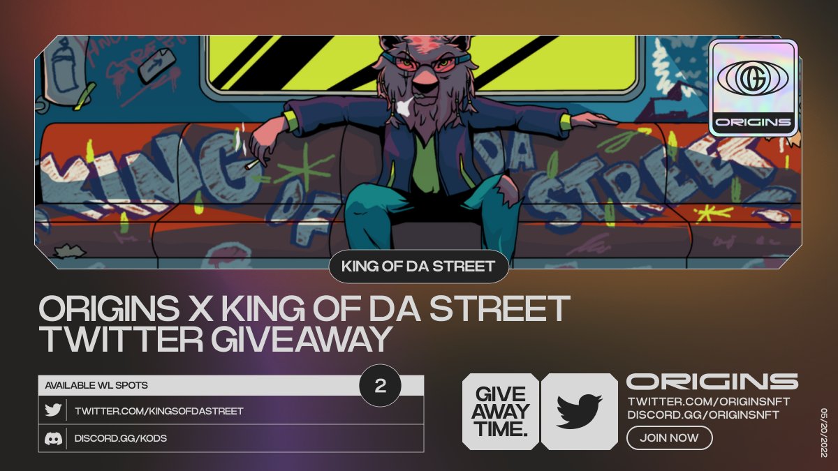 Origins_Collabs's tweet photo. Origins x King of da Street
We are giving away 2 Pre-sale spots!

To join:

1. Follow 
@Origins_Collabs &amp; @kingsofdastreet
2. Like/Retweet/Tag 3 friends
3. and say "Hi from (Project)" when you pop in our server!

Winners will be announced in 24 hours!

#NFT #SolanaSummer https://t.co/OjeHHTizrc
