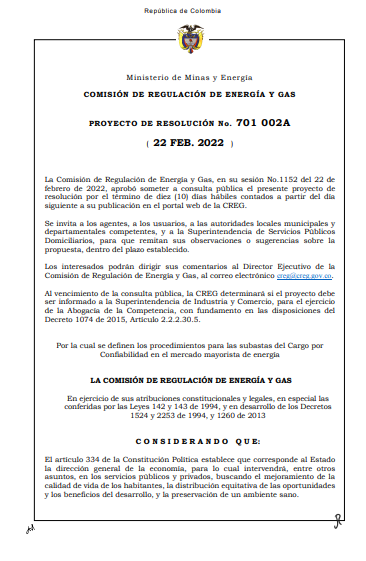 comisioncreg's tweet photo. #NuevaResolución consulta la Res. CREG No.701 002A Por la cual se definen los procedimientos para subastas del Cargo por Confiabilidad en el mercado mayorista de energía COMENTARIOS POR 10 DÍAS HÁBILES A PARTIR DEL 23 DE MAYO HASTA EL 6 DE JUNIO DE 2022. https://t.co/8X1OYMDlbf https://t.co/tQChA312mv