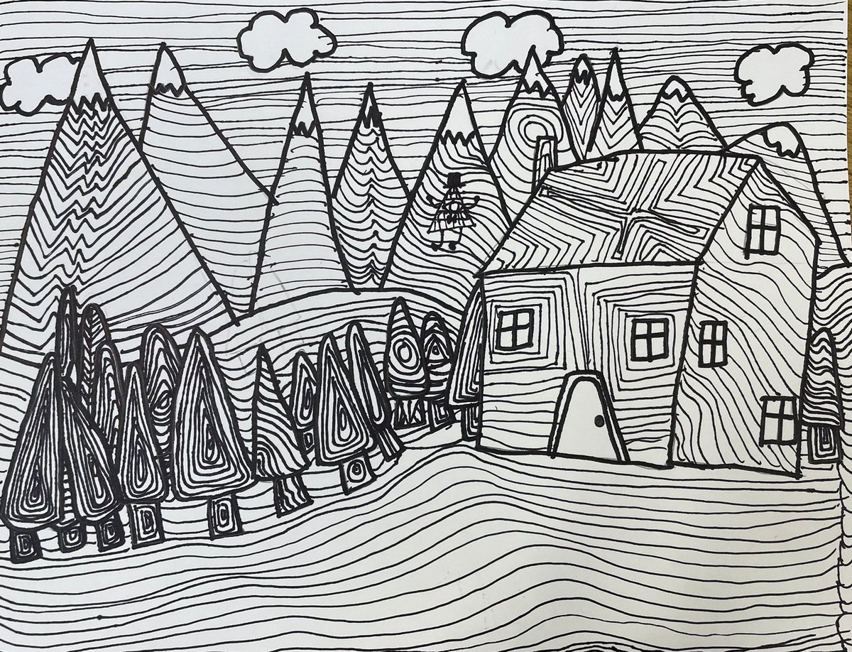 MarcumLA's tweet photo. FINAL FRIDAY fifth grade artwork is all about lines!✏️ #artyon @cmrilling @mesteaching @meshornets https://t.co/yP5DYIpknP