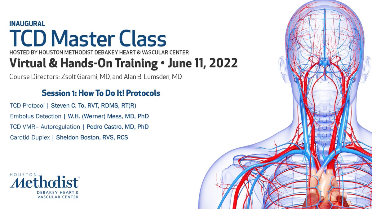 DeBakeyCVedu's tweet photo. REGISTER NOW! Don't miss #TCD22 Master Class on June 11! Learn the basics of #TranscranialDoppler including protocol, #embolus detection, #carotid duplex, and more! More info at https://t.co/Z2XakHtWIW
#vascularultrasound #tcd #vascularsurgery #CardioEd https://t.co/fHLz16ABL7