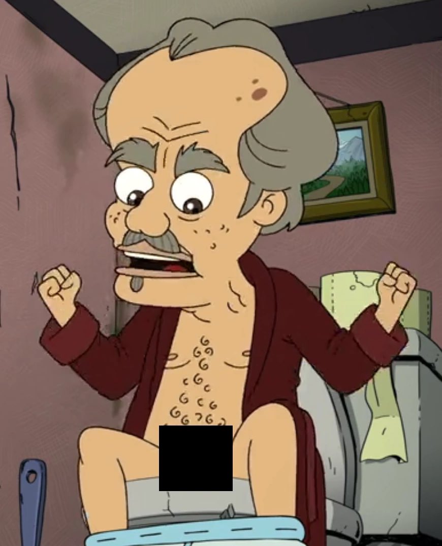A character from the tv show “Big Mouth” is seen on the toilet with his penis out