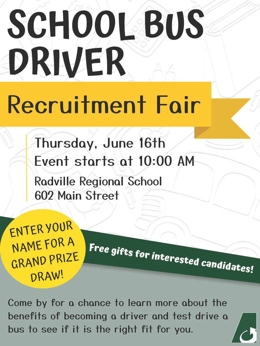 Save the Date! 
If you are interested in learning more about becoming a school bus driver stop by one of our recruitment fairs happening in June!

June 14th - Moosomin
June 15th - Carnduff
June 16th - Radville