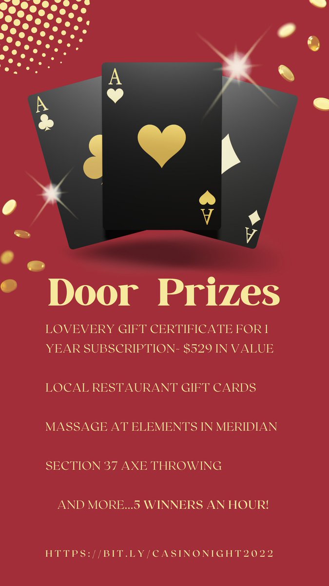 Join us tonight for a chance to win! 5 door prize winners an hour and 4 grand prize winners at the end bit.ly/Casinonight2022 #doorprizes #casinogames #boiseevents