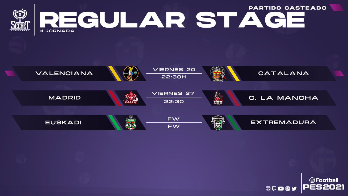#SecretPES #PES2021

¡Ya conocemos los partidos de la Jornada 4 de nuestro torneo de comunidades de Efootball PES 2021!

¡Además, hoy contaremos con retransmisión oficial!

🆚️ | @SelCValenciana - <a href="/SelCatPes/">Selección Catalana #PES</a>

📺 | twitch.tv/secrettourname… 

🆚️ | <a href="/madriz10vs10pes/">Selección De Madriz Efootball Pes21</a> - @CLMpes10vs10