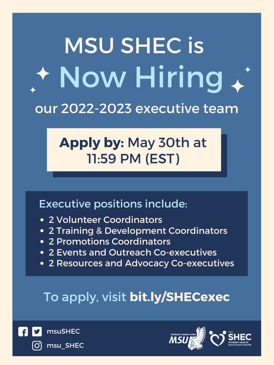 Have you heard? SHEC is currently looking to hire executives!

NO previous experience with SHEC or the MSU is needed &amp; students from ANY undergrad program are encouraged to apply!✨

Visit bit.ly/SHECexec to learn more, and be sure to apply by May 30th at 11:59 PM (EST)💙