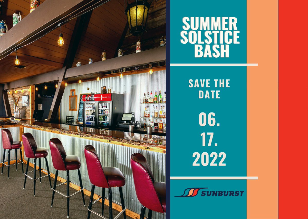 Sunburst is BACK on Twitter!

We're opening the doors and inviting you to come hang out at your favorite home hill on the third Friday of June. We'll have food, entertainment, and all the taps with your favorite drinks will be flowing.
 
Why the Summer Solstice? 
You'll find out!