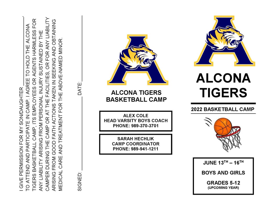 AlconaTigers's tweet photo. Students in grades 5th-12th for the upcoming school year are invited to attend the Alcona Tigers Basketball Camp June 13-16. Registration forms are due by June 3rd. A PDF registration form is available at: https://t.co/DKGaAfmVIY #GoTigers https://t.co/VWWmqAPbA1