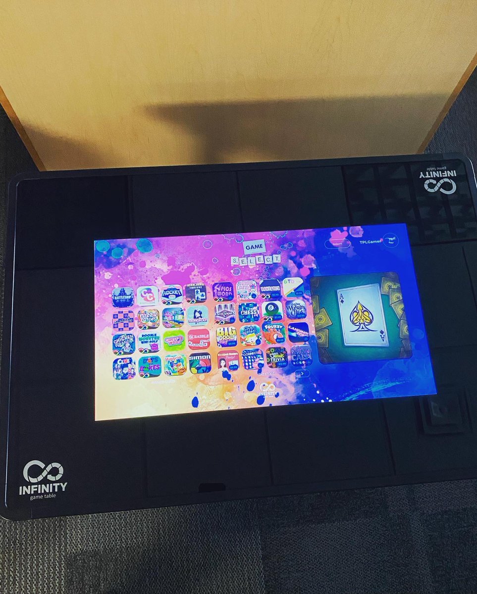 TaberLibrary's tweet photo. We have an exciting NEW item to announce! As part of the ongoing improvements to our teen space we would like to introduce our Touch Screen Infinity Gaming Table! 
A super sized tablet and is loaded with a huge variety of high quality visual games! #TaberLibrary #LibraryLife https://t.co/slDsl2AHxo