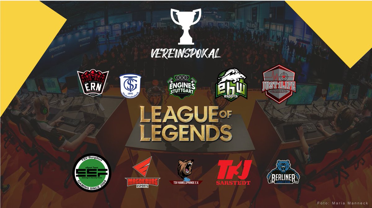 ⏰Es geht wieder los!! 

🤩Mit dem #Vereinspokal in #League_of_Legends 

Es sind dabei: 
<a href="/esportrn_/">eSport Rhein-Neckar (eSportRN)</a> 
@TGS_1891
<a href="/engines_stgt/">Engines Stuttgart e.V.</a> 
<a href="/EbwEsports/">ebw.esports e.V.</a> 
<a href="/Just1LifeGaming/">Just1Life Gaming e.V.</a>
<a href="/TSVBurgdorf_SSF/">TSV Burgdorf E-Sport</a> 
<a href="/eSports_MD/">Magdeburg eSports e.V.</a> 
<a href="/TSV_eSport/">TSV Hamelspringe eSport</a> 
<a href="/tkjsarstedt/">esport.tkjsarstedt</a> 
<a href="/berlinesports/">1. Berliner eSport-Club</a> 

GL HF everyone! 🥳

#ESBD #Breitensport