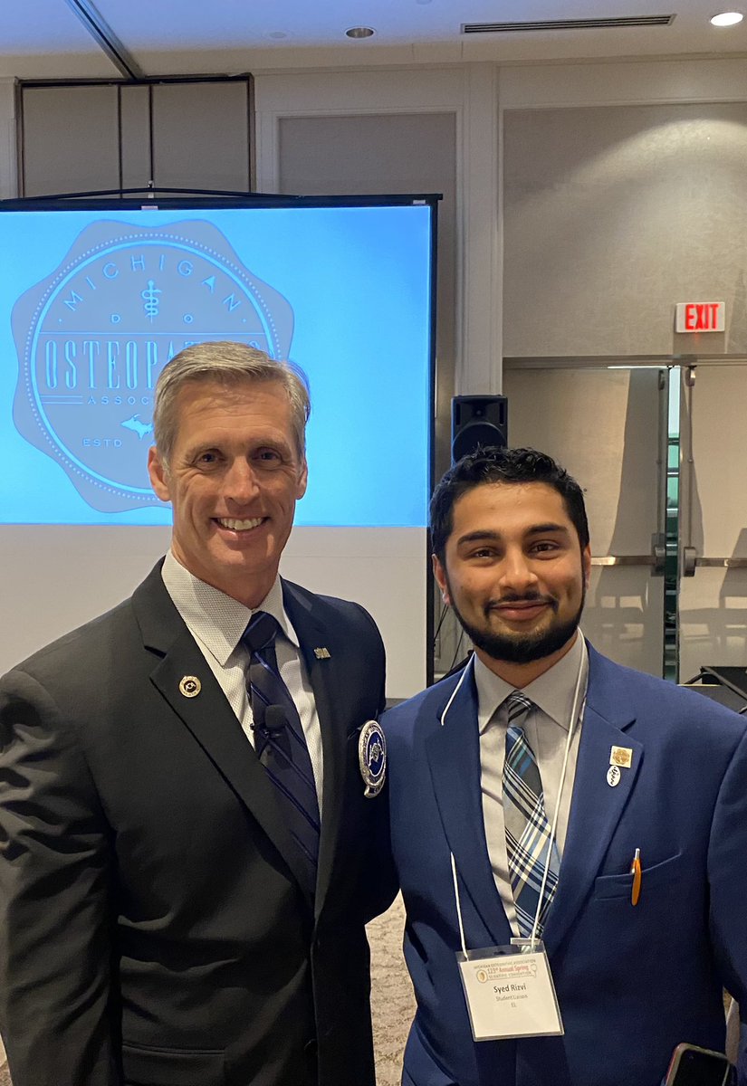 MichiganDOs's tweet photo. @AOAforDOs CEO Dr. Kevin Klauer and MOA Student Liaison Syed Rizvi, @MSU_Osteopathic Class 2025 at the #moaspring AOA Update luncheon. #DOProud https://t.co/nTLRyHkSIp