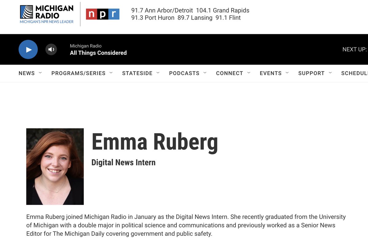 Student Publications (@stpubs) on Twitter photo Love to see familiar <a href="/michigandaily/">The Michigan Daily</a> alumni faces online, including new UM #Classof2022 graduate <a href="/emma_ruberg/">Emma Ruberg</a> who has been busy this year creating bylines at Michigan Radio as a Digital News Intern. Congrats! michiganradio.org/people/emma-ru… Love to see familiar <a href="/michigandaily/">The Michigan Daily</a> alumni faces online, including new UM #Classof2022 graduate <a href="/emma_ruberg/">Emma Ruberg</a> who has been busy this year creating bylines at Michigan Radio as a Digital News Intern. Congrats! michiganradio.org/people/emma-ru…