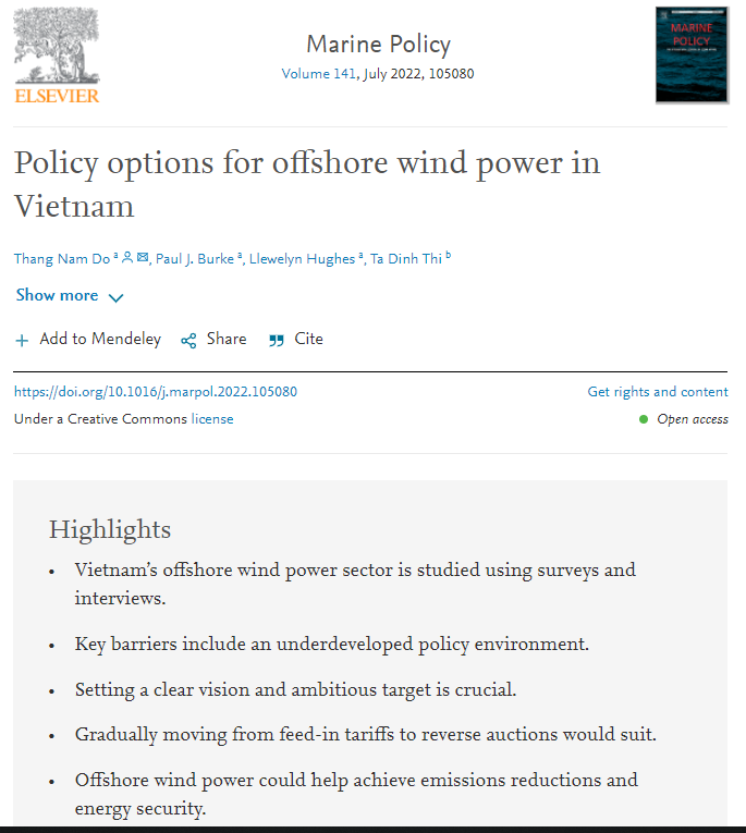 Vietnam has the largest offshore wind power potential in Southeast Asia. Policy options to realize the potential are examined in our paper. @burke_ec @LlewelynHughes @ANUCrawford @CrawfordREAD @ANU_ICEDS #offshorewind #renewableenergy #Vietnam authors.elsevier.com/sd/article/S03…