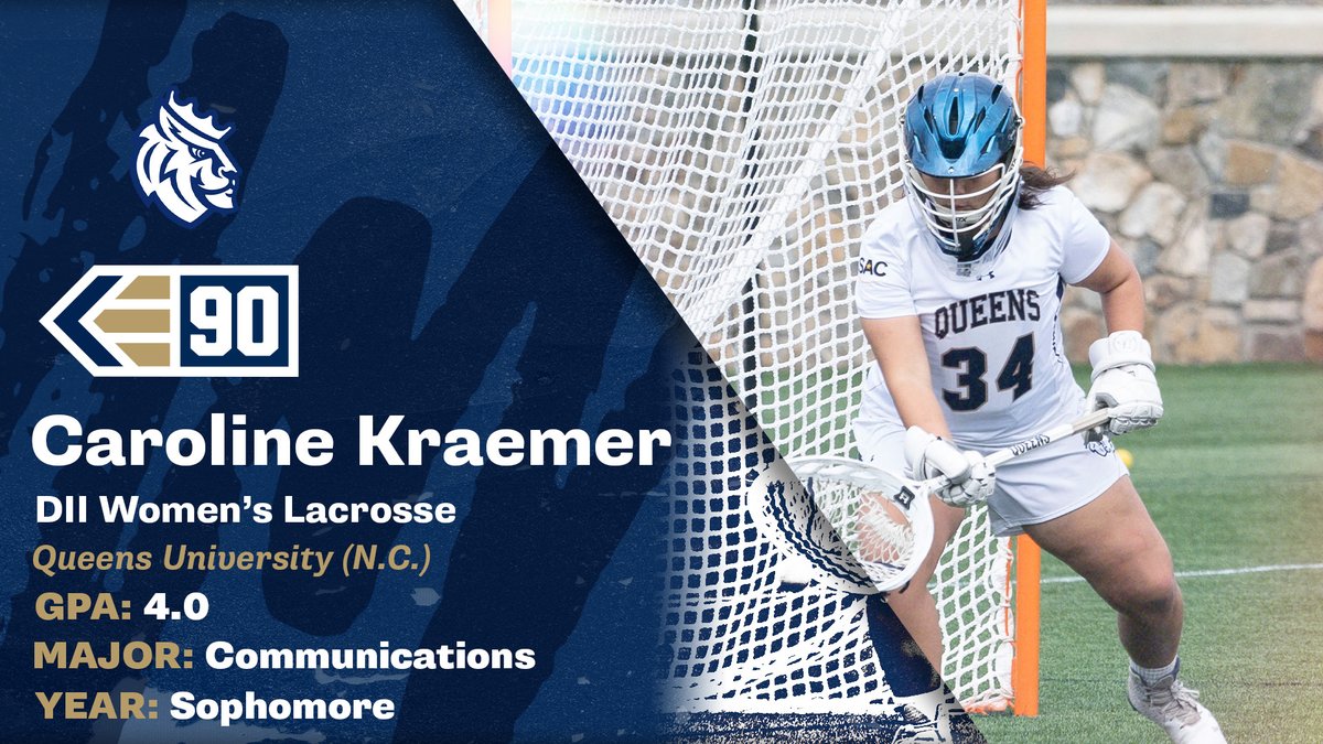 Sophomore Caroline Kraemer of <a href="/QueensAthletics/">Queens (N.C.) Athletics</a> is the #Elite90 recipient for #D2WLAX with a 4.0 GPA while majoring in communications.