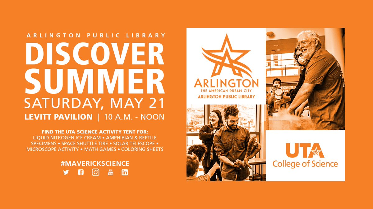 UTA Science (@utascience) on Twitter photo Bring the kids to the #MaverickScience Activity Tent at <a href="/ArlingtonTXLib/">Arlington Public Library</a>'s Discover Summer Kick-Off tomorrow for fun, interactive #STEM activities that even the parents will enjoy.
๐๏ธ Saturday, May 21
โฐ 10 a.m. - Noon
๐ <a href="/LevittArlington/">Levitt Arlington</a>
๐ arlingtonlibrary.org/discoversummer Bring the kids to the #MaverickScience Activity Tent at <a href="/ArlingtonTXLib/">Arlington Public Library</a>'s Discover Summer Kick-Off tomorrow for fun, interactive #STEM activities that even the parents will enjoy.
๐๏ธ Saturday, May 21
โฐ 10 a.m. - Noon
๐ <a href="/LevittArlington/">Levitt Arlington</a>
๐ arlingtonlibrary.org/discoversummer