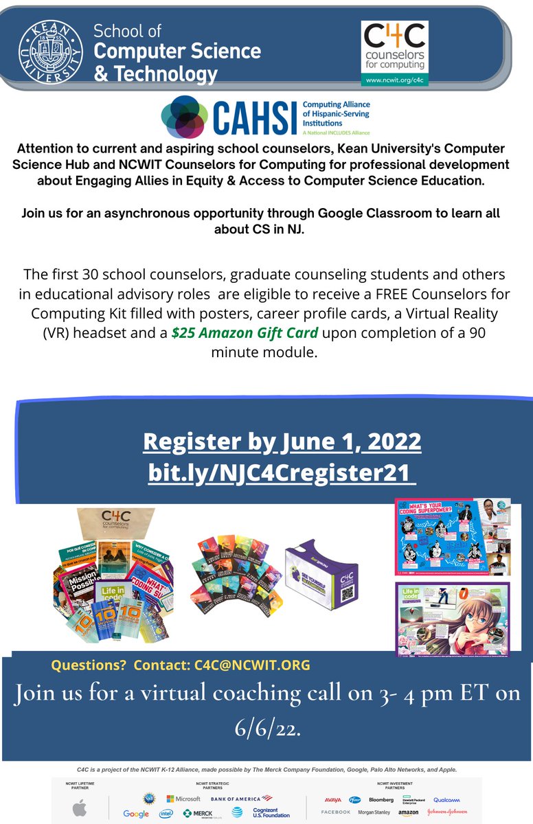 Calling all K-12 school counselors and advisors -- register by June 1! The Kean CS Hub is partnering with <a href="/NCWIT/">NCWIT</a> Counselors for Computing to offer professional learning about Engaging Allies in Equity &amp; Access to CS Education @AngCleveland <a href="/RutgersCESP/">Rutgers CESP</a> <a href="/Cs4Nj/">CS4NJ</a> @Grants_Linden