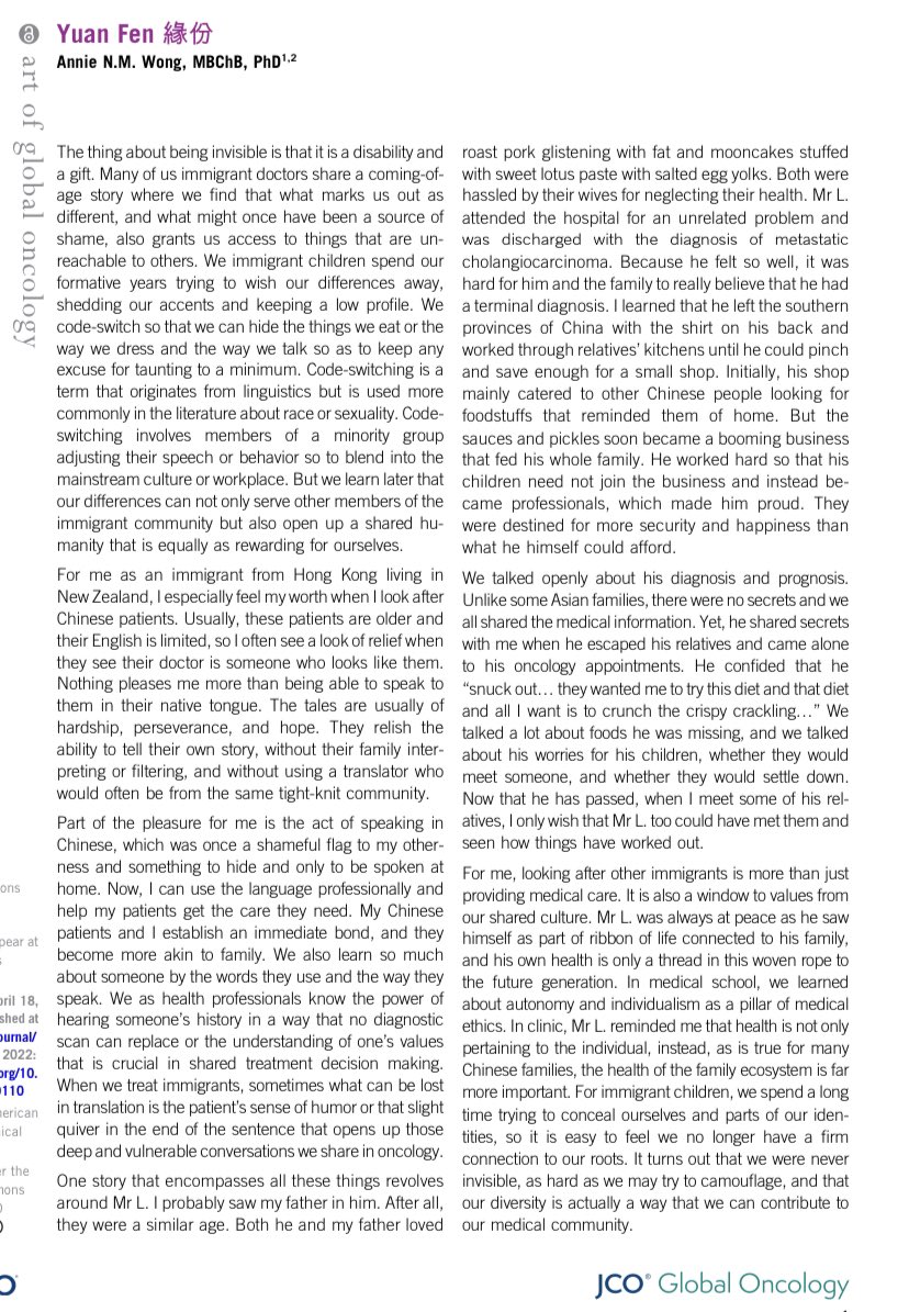 anmwongNZ's tweet image. Inspired by Chinese Ao/NZ writers @plainricedinner @juliezhuu I wrote a personal essay, Yuan Fen 緣份, about being an immigrant oncologist and my Chinese patients
As immigrants, we see each other’s hopes & struggles, so I’m always thrilled i can contribute in my small way