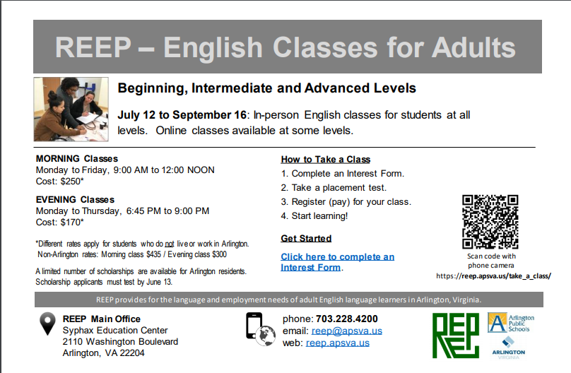 REEPworld's tweet photo. Need to take an English class? 1. Complete an interest form --> 2. Take a Placement Test --> 3. Register/Pay for class --> Start Learning! https://t.co/1VHZuZfvxk #summercycle #summerschool #adultesl https://t.co/PF1TD2yQca